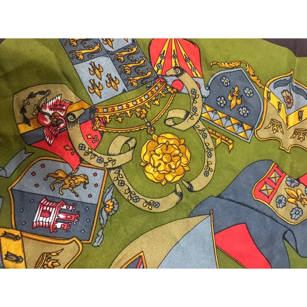Women's Celine Olive Green & Brown Heraldic Print Silk Scarf One Size